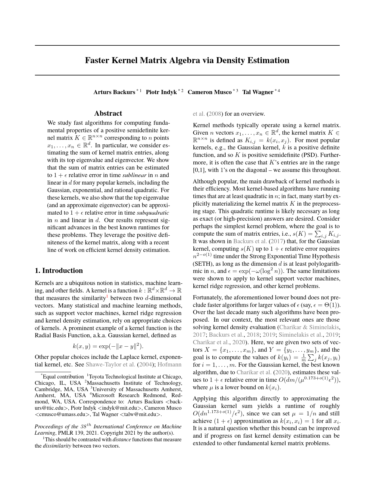 Faster Kernel Matrix Algebra via Density Estimation - 文库宝